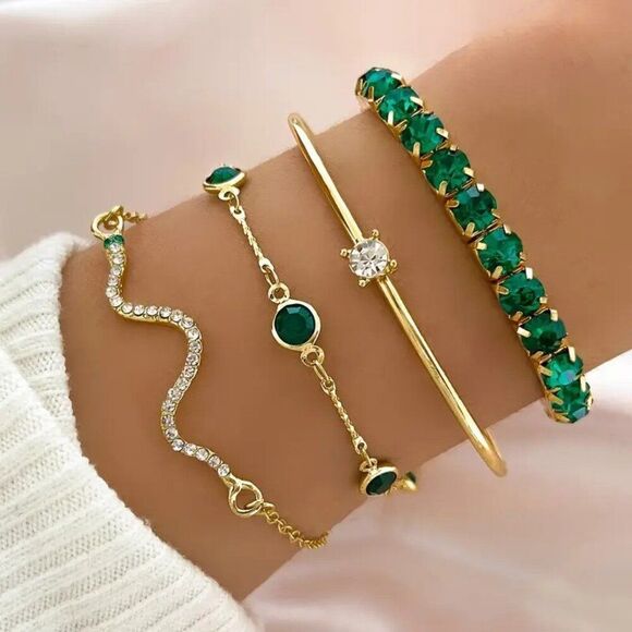 4pcs/Set Elegant Green Rhinestone Bracelet for Woman - Picture 1 of 2